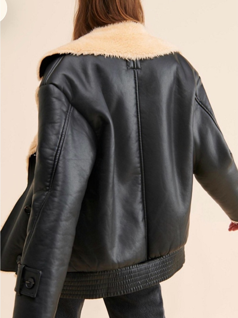 Avec Les Filles Black Faux Leather Jacket with Tan Shearling Trim - Picture 2 of 9